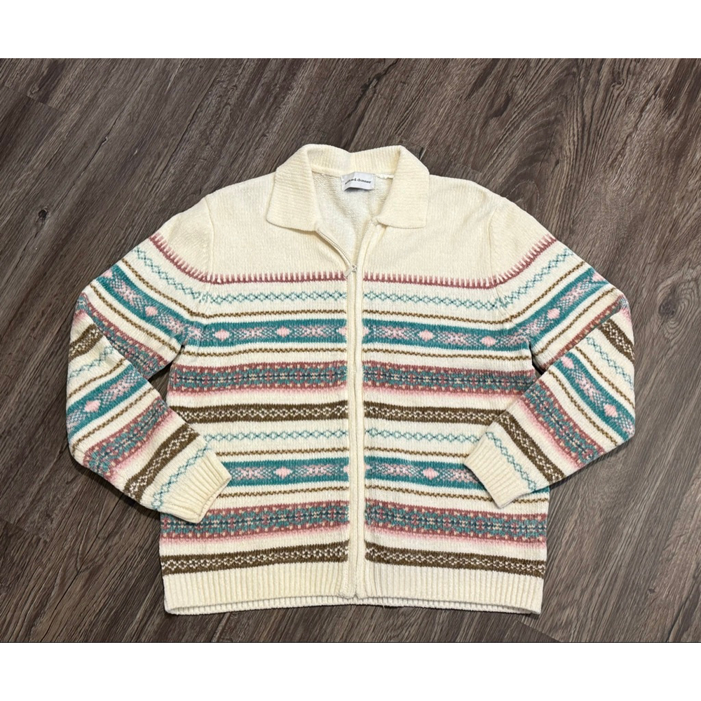 Vtg Alfred Dunner Fair Isle Knit Zip Sweater Cardigan Pastel Cottagecore Sz XL​ - Picture 2 of 9